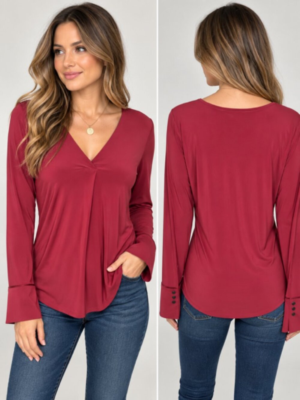 NWT White House Black Market Red V-Neck Long Sleeve Blouse Top M